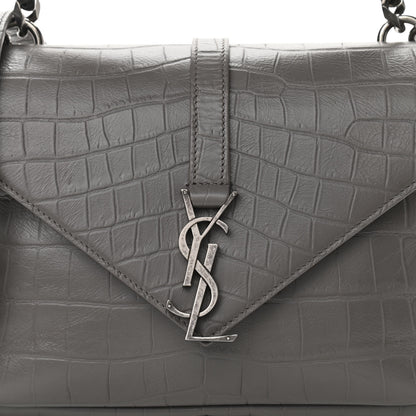 Saint Laurent Calfskin Crocodile Embossed Medium College Monogram Satchel Gray 7 of 9