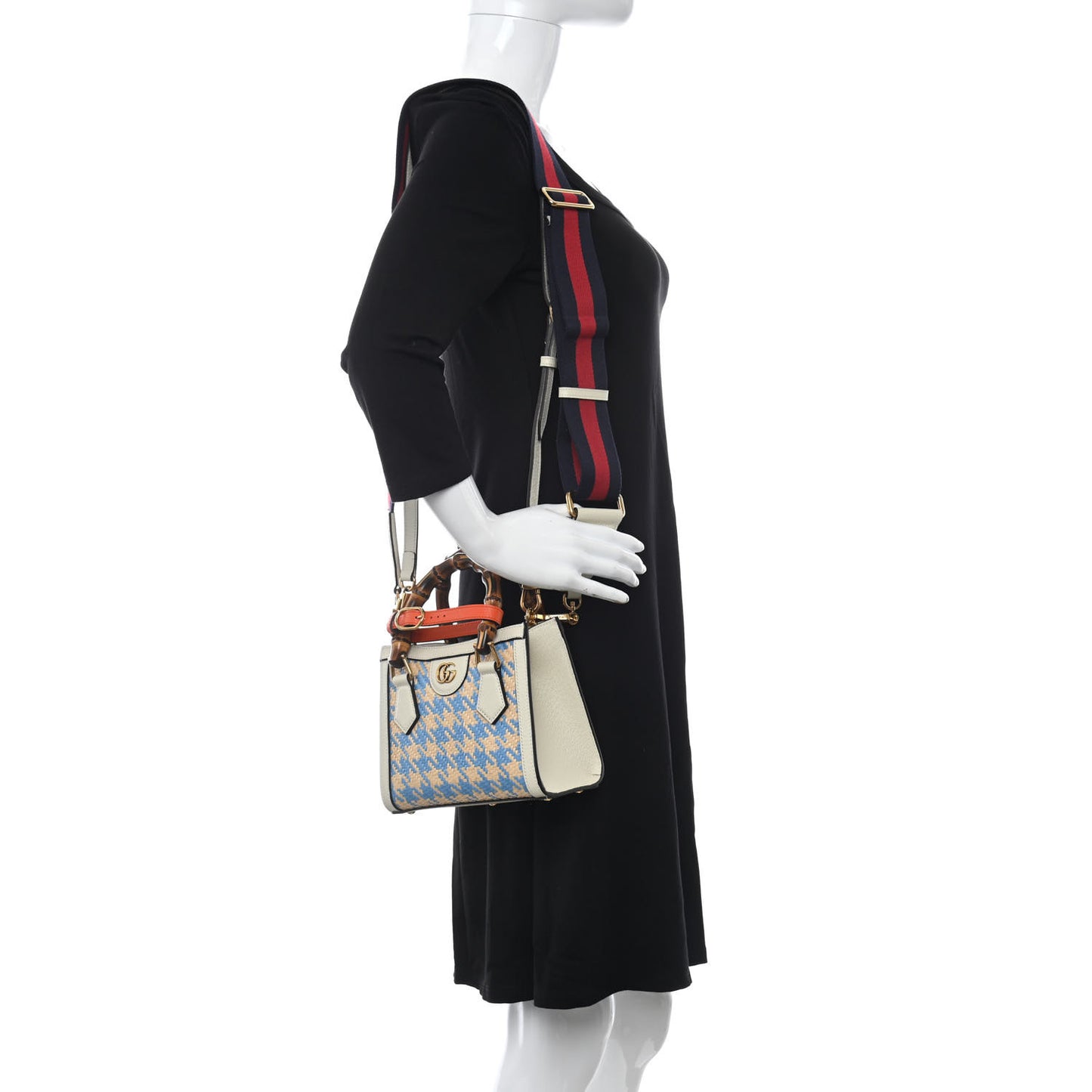Raffia Textured Dollar Calfskin Web Houndstooth Mini Diana Tote Bag Light Blue Natural Deep Orange