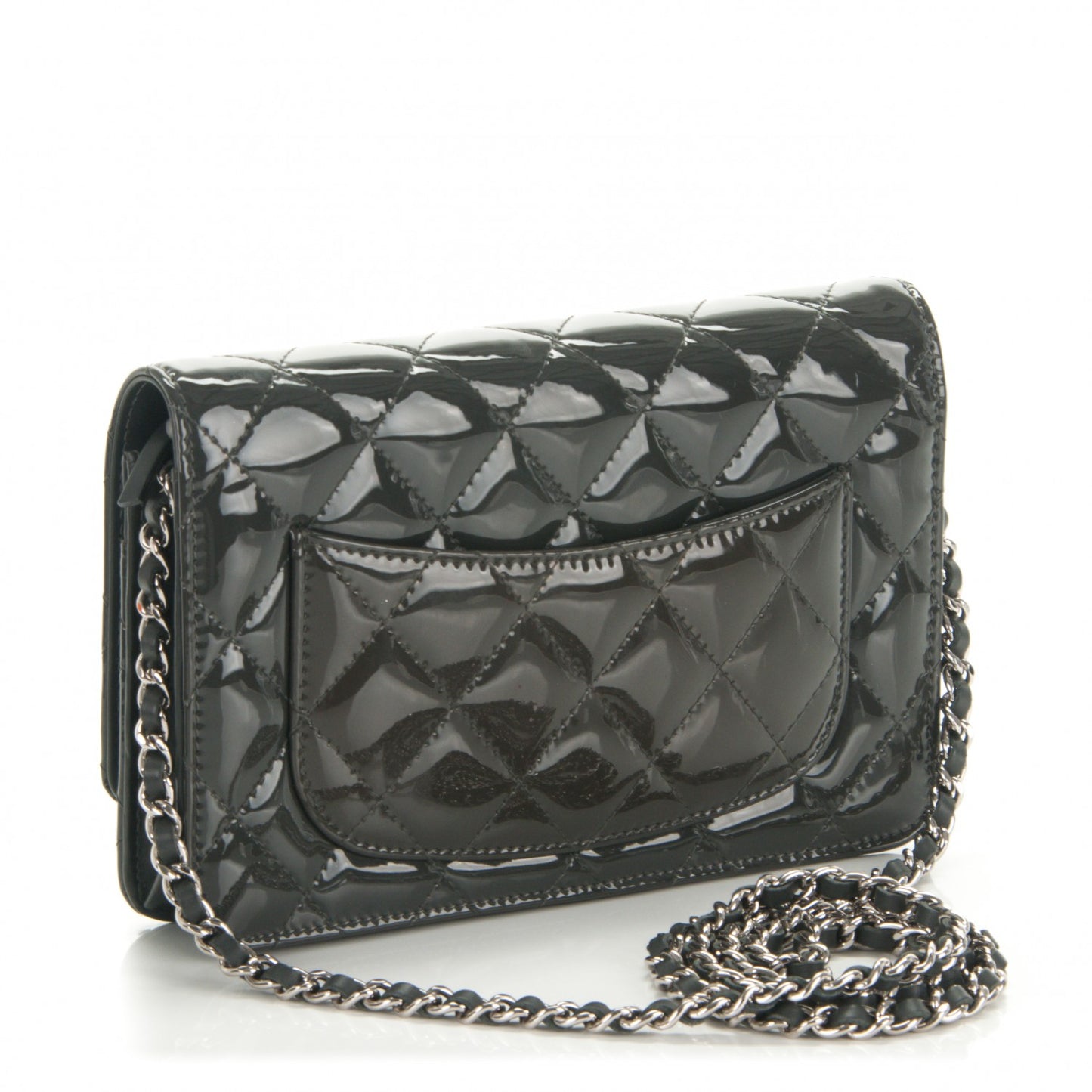 Patent Quilted Wallet On Chain WOC Dark Grey