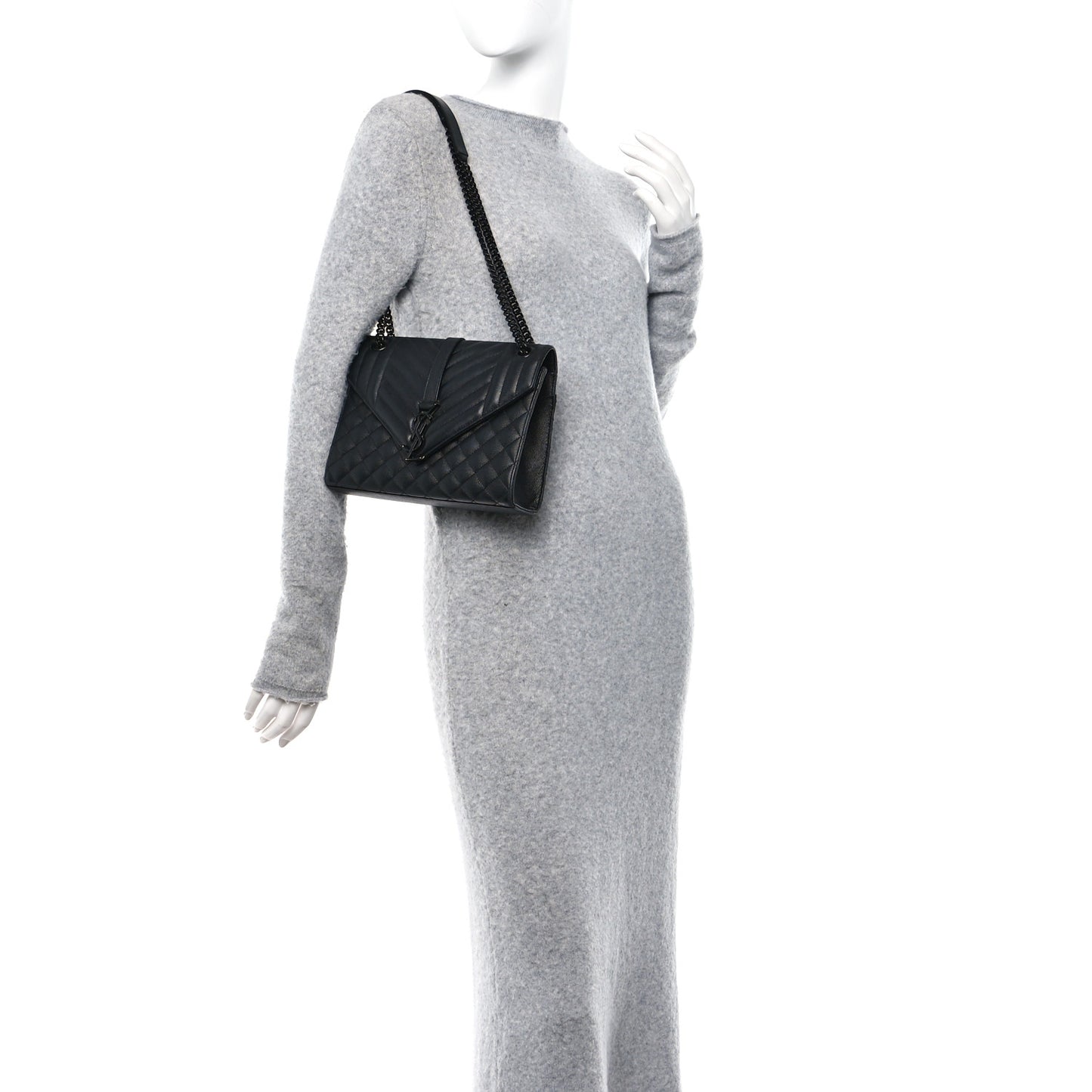 Grain De Poudre Textured Mixed Matelasse Large Triquilt Monogram Monochrome Satchel Black