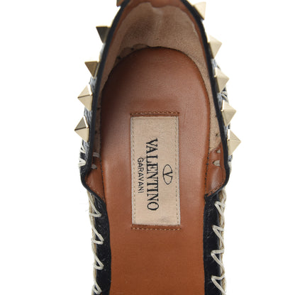 Valentino Garavani Grained Calfskin Rockstud Ankle Strap Espadrille 15/105mm Wedge Sandals 35 Black Light Cuir Natural 5 of 7