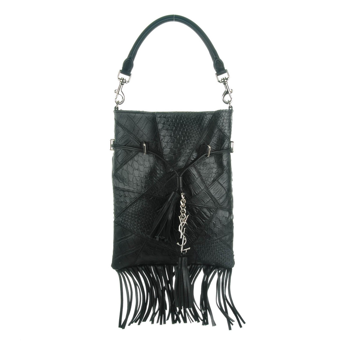 Crocodile Embossed Patchwork Tassel Fringe Monogram Bucket Bag Black