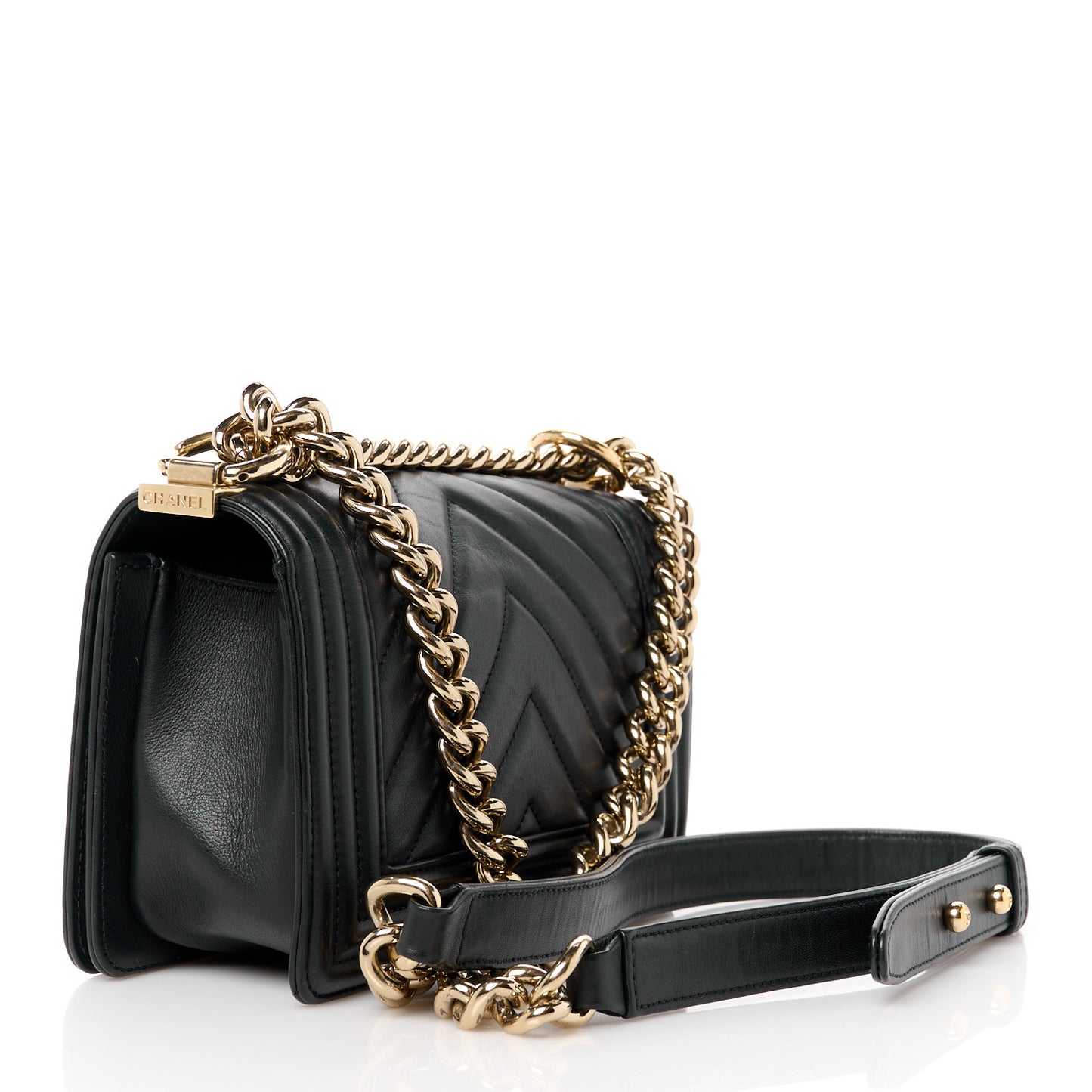 Lambskin Chevron Quilted Small Boy Flap Black