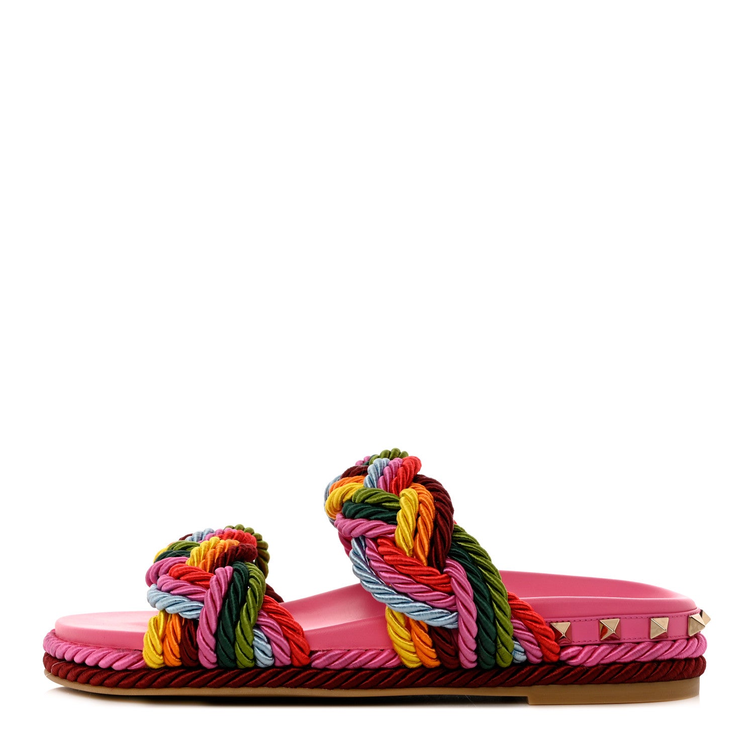 Valentino Garavani Calfskin Silk Woven Rockstud Torchon 5mm Sandals 36 Feminine Pink Multicolor 1 of 8