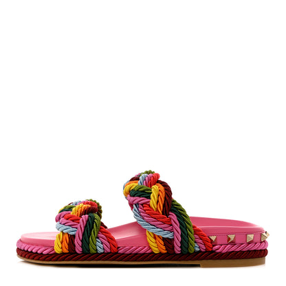 Valentino Garavani Calfskin Silk Woven Rockstud Torchon 5mm Sandals 36 Feminine Pink Multicolor 1 of 8