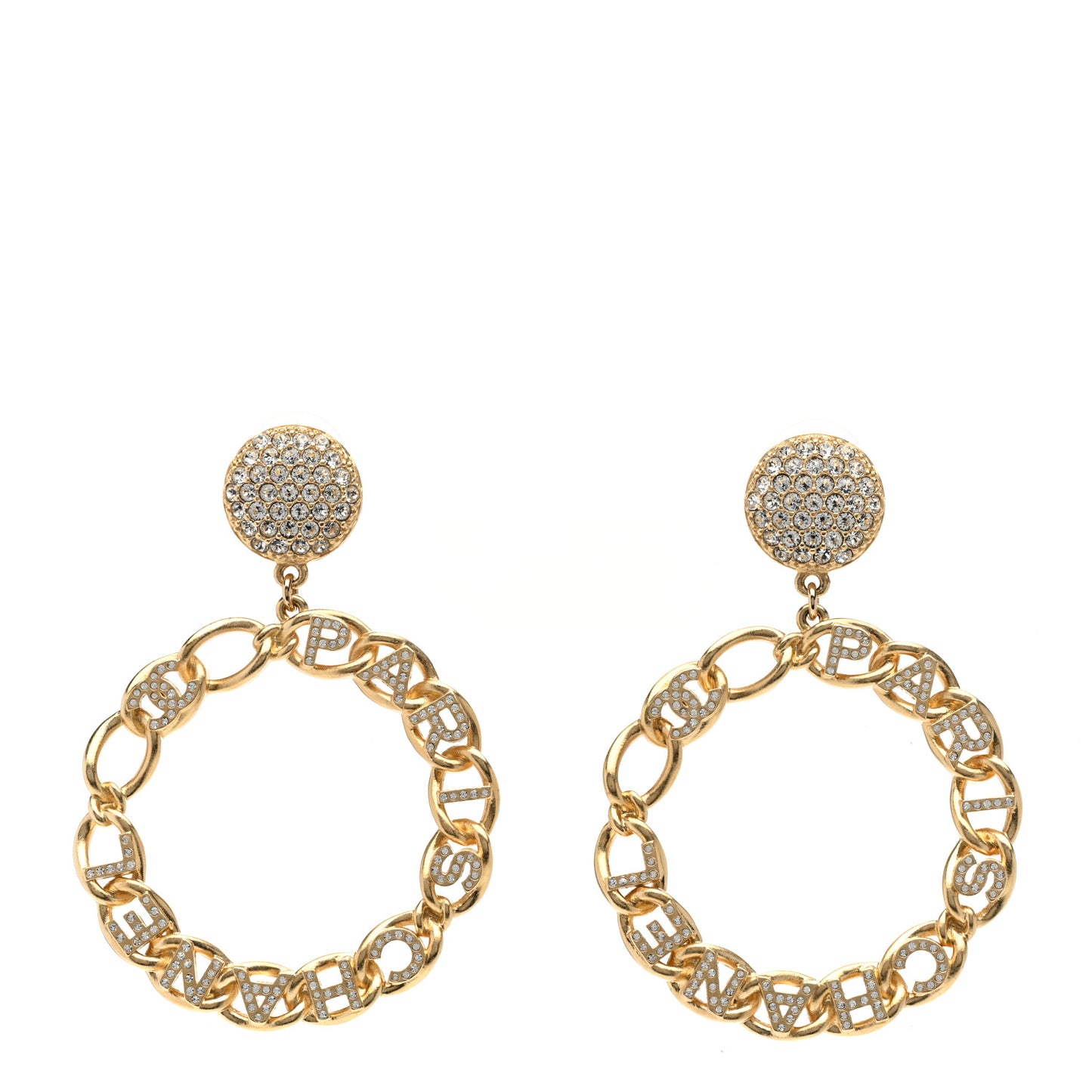 Metal Crystal CC Paris Chain Link Hoop Earrings Gold