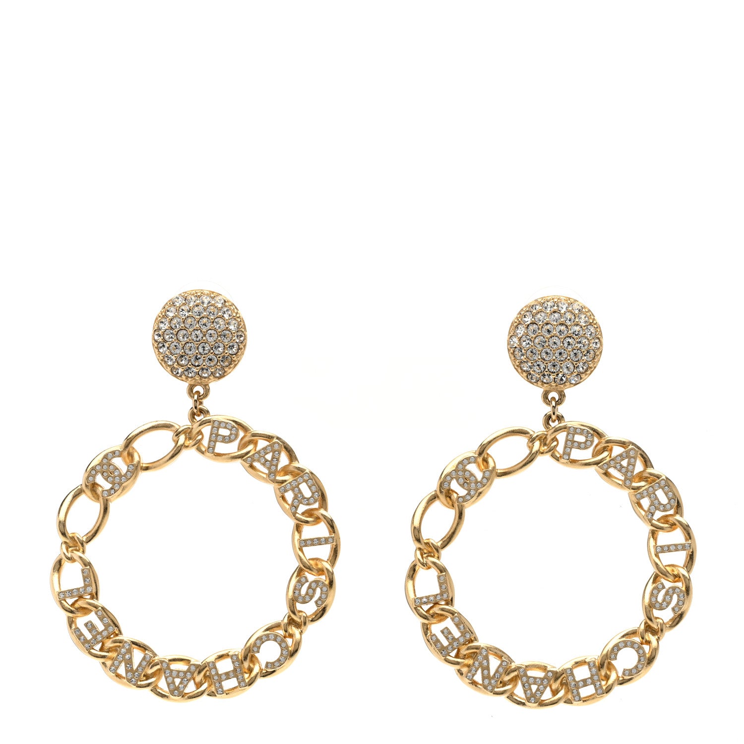 Chanel Metal Crystal CC Paris Chain Link Hoop Earrings Gold 1 of 5