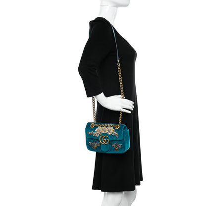 Gucci Velvet Matelasse Embroidered Mini GG Marmont Shoulder Bag Pavone Cyan 2 of 10