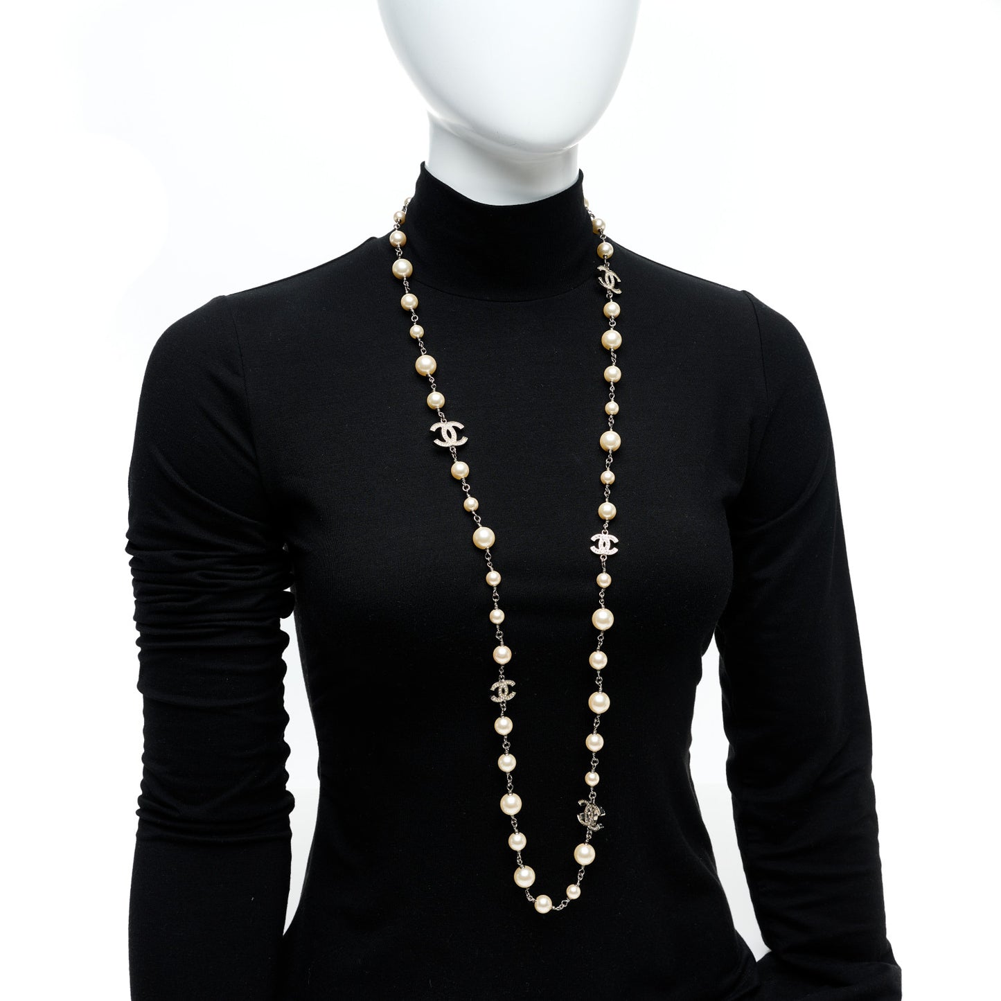 Graduated Pearl Crystal CC Long Necklace Silver