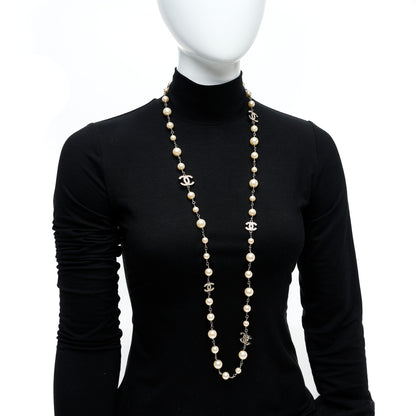 Chanel Graduated Pearl Crystal CC Long Necklace Silver 2 of 5