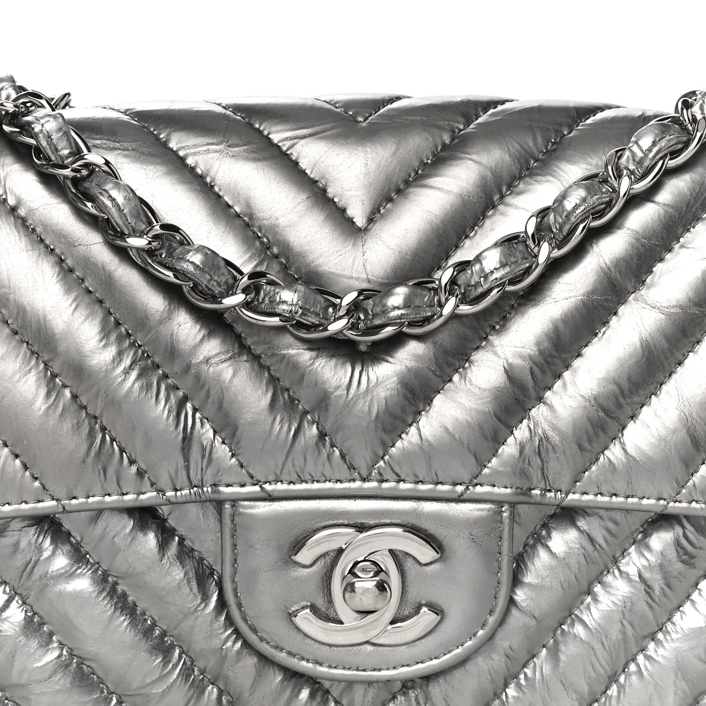 Patent Metallic Crumpled Calfskin Chevron Quilted Mini Rectangular Flap Silver