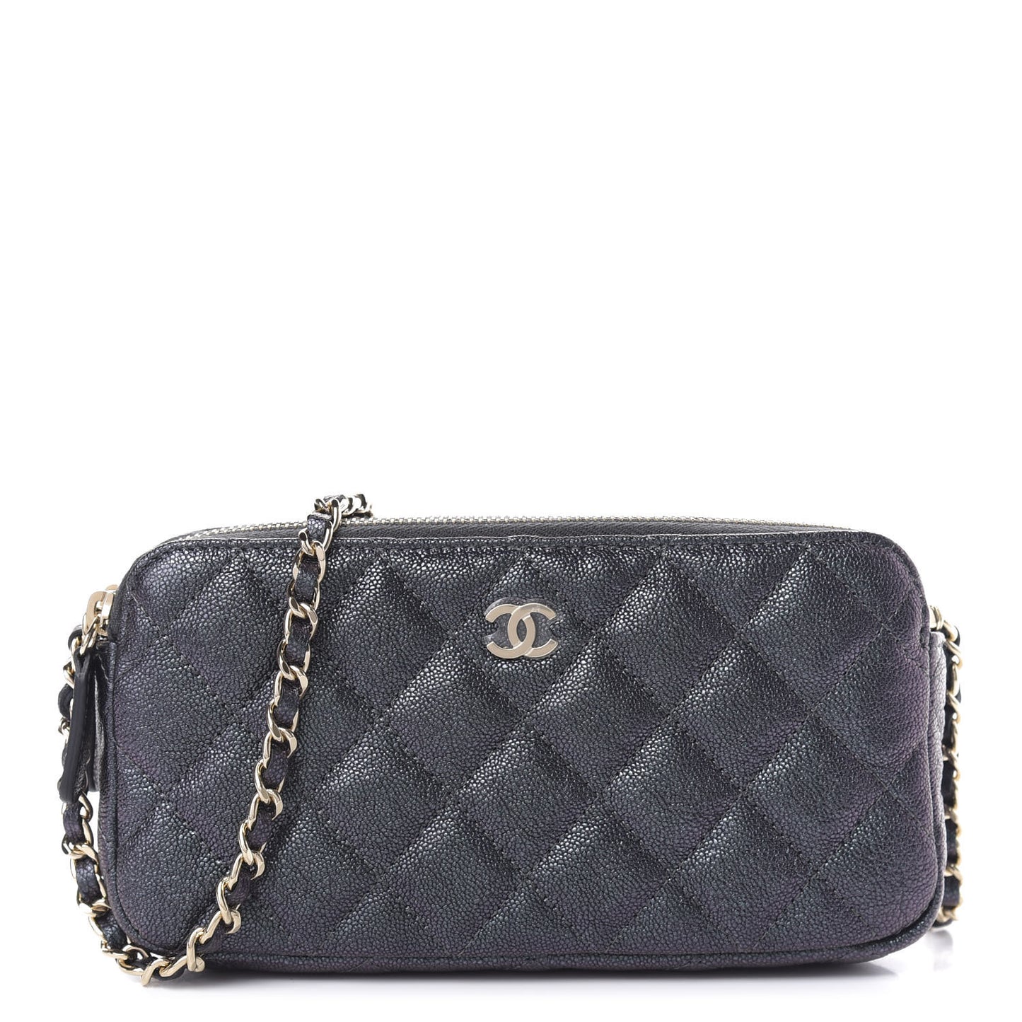 Iridescent Caviar Quilted Clutch With Chain Black
