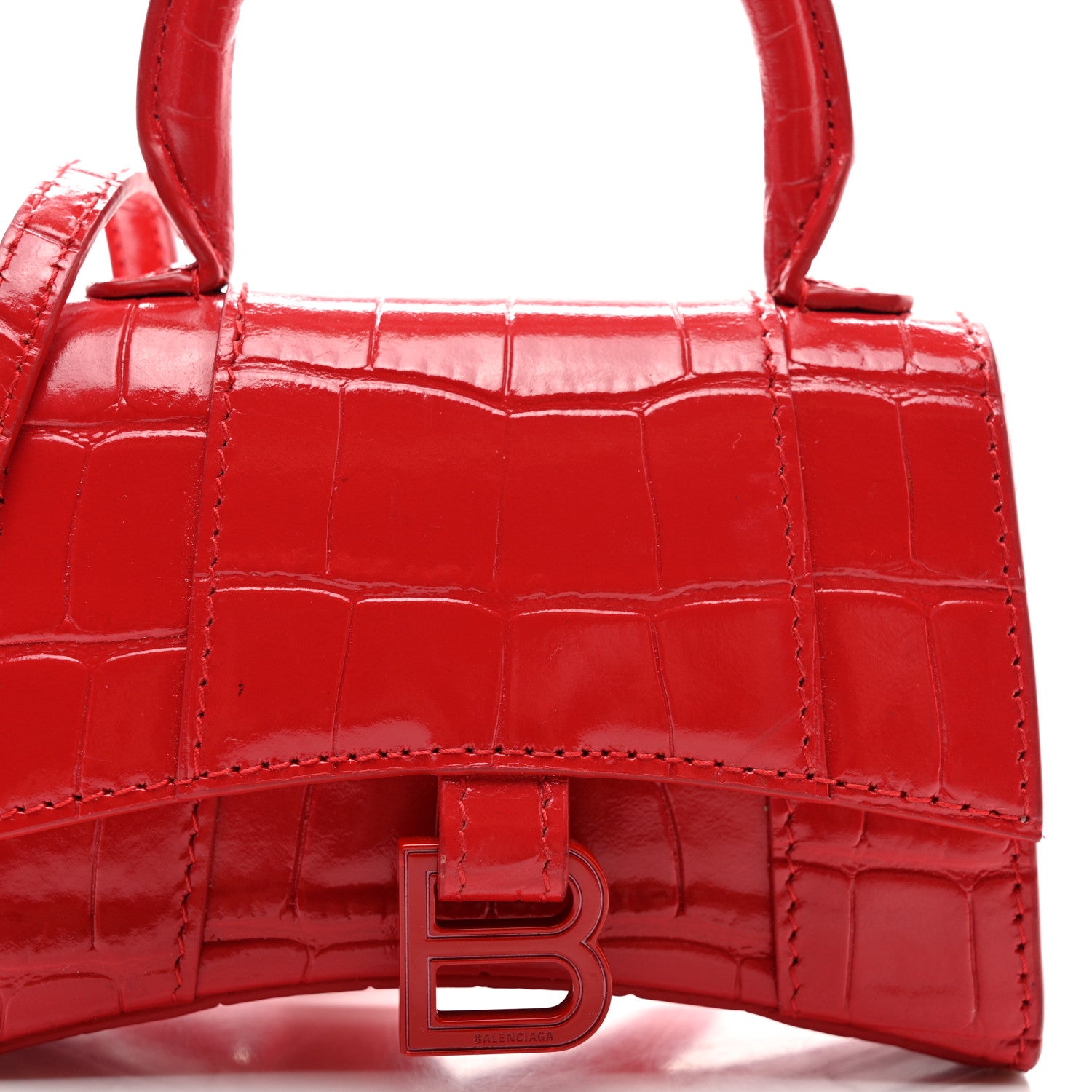 Balenciaga Shiny Calfskin Tonal B Crocodile Embossed Hourglass Top Handle Bag Mini Bright Red 8 of 10