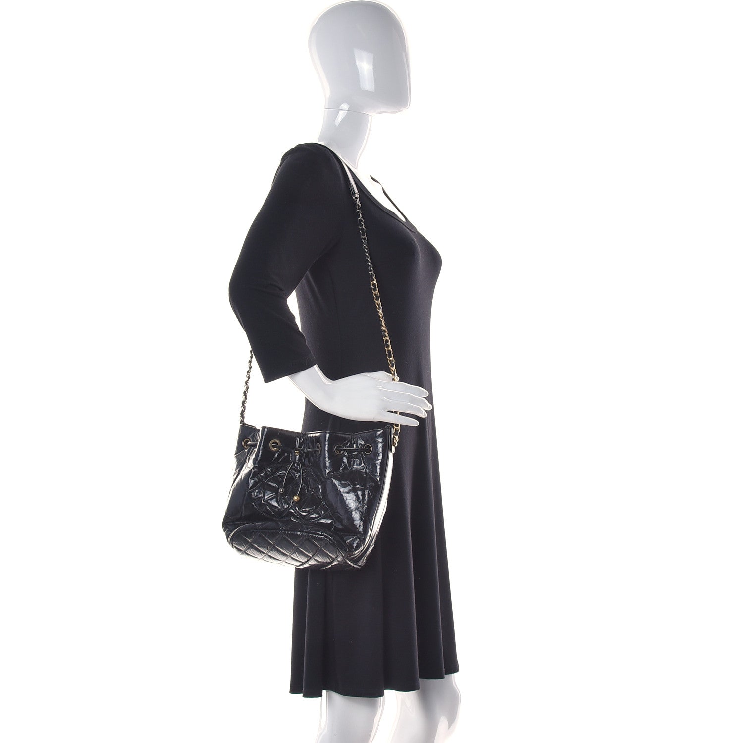 Chanel Shiny Aged Calfskin CC Chain Drawstring Bag Black 2 of 12