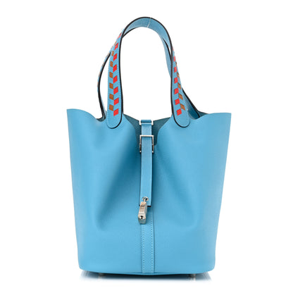 Hermes Epsom Tressage De Cuir Picotin Lock 22 MM Bleu du Nord Rouge Coeur Gold 1 of 11