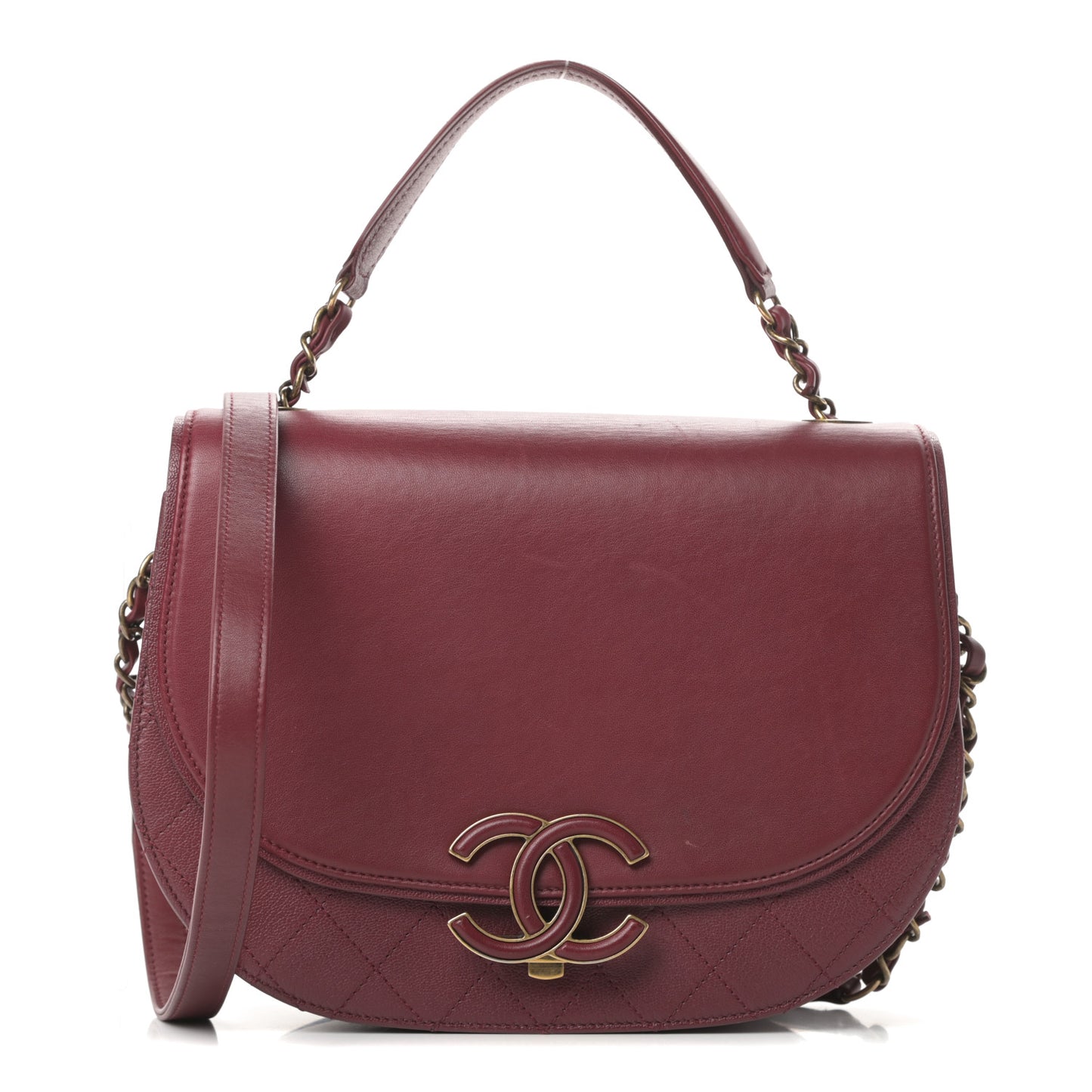 Shiny Calfskin Goatskin Quilted Medium Coco Curve Messenger Flap Burgundy