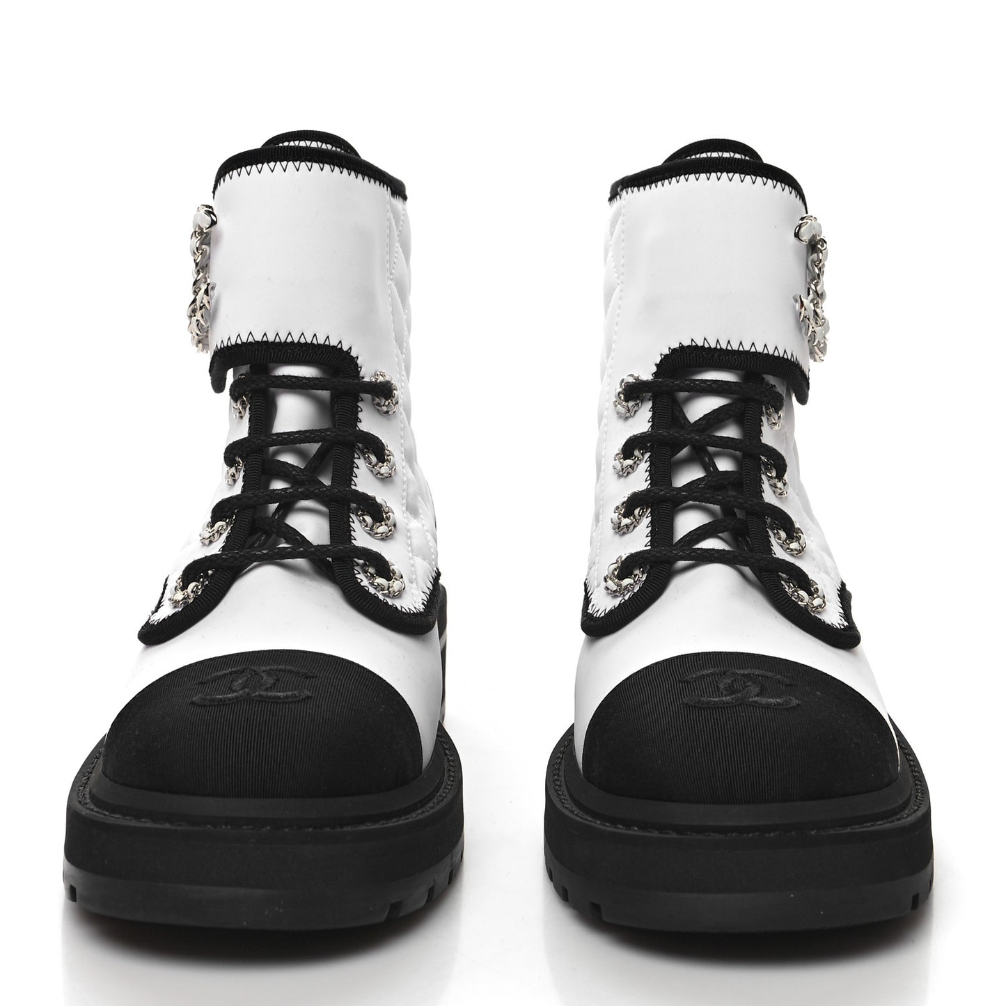 Fabric Grosgrain Quilted Cap Toe Lace Up Combat Boots 36.5 White Black