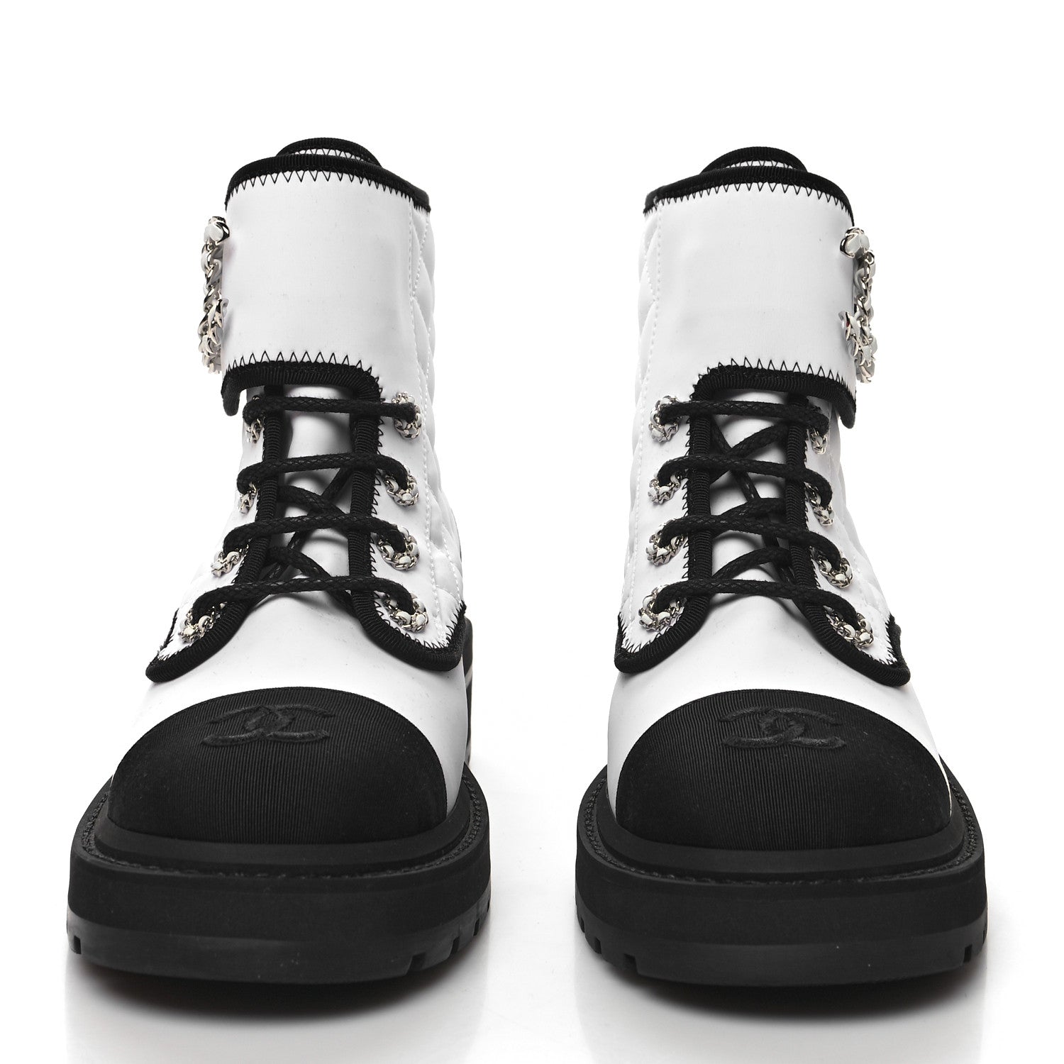 Chanel Fabric Grosgrain Quilted Cap Toe Lace Up Combat Boots 36.5 White Black 2 of 8