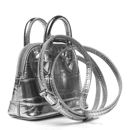 Balenciaga Metallic Calfskin Logo Crocodile Embossed Mini Ville Top Handle Bag Silver Black 3 of 10