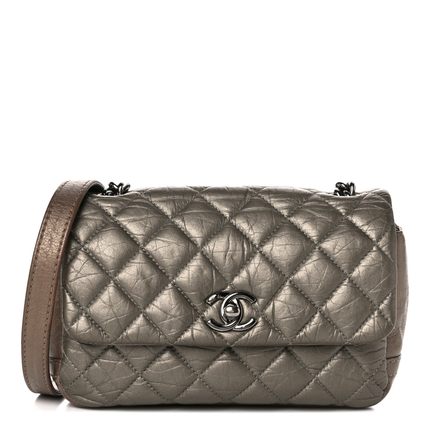 Metallic Aged Calfskin Quilted Small Flap Gold
