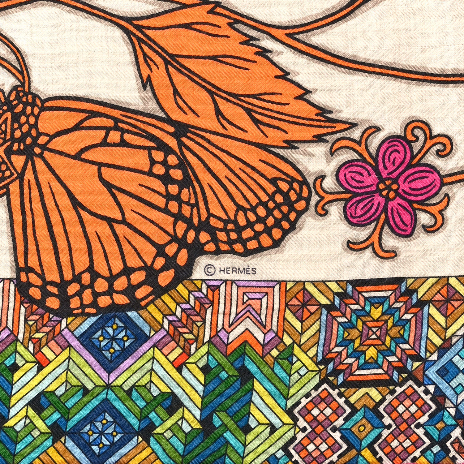 Hermes Cashmere Silk Le Jaguar Et Le Colibri Shawl 140 Naturel Orange Multicolor 3 of 4