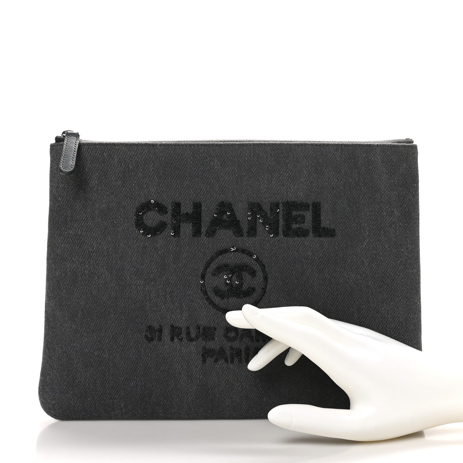 Chanel Canvas Sequins Medium Deauville Cosmetic Pouch Grey 2 of 9