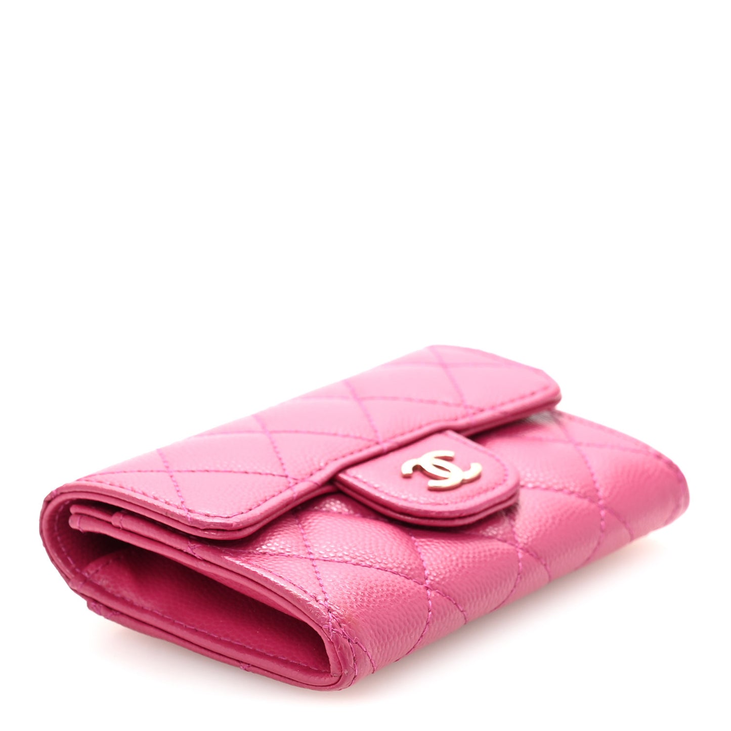 Caviar Quilted Flap Card Holder Wallet Dark Pink