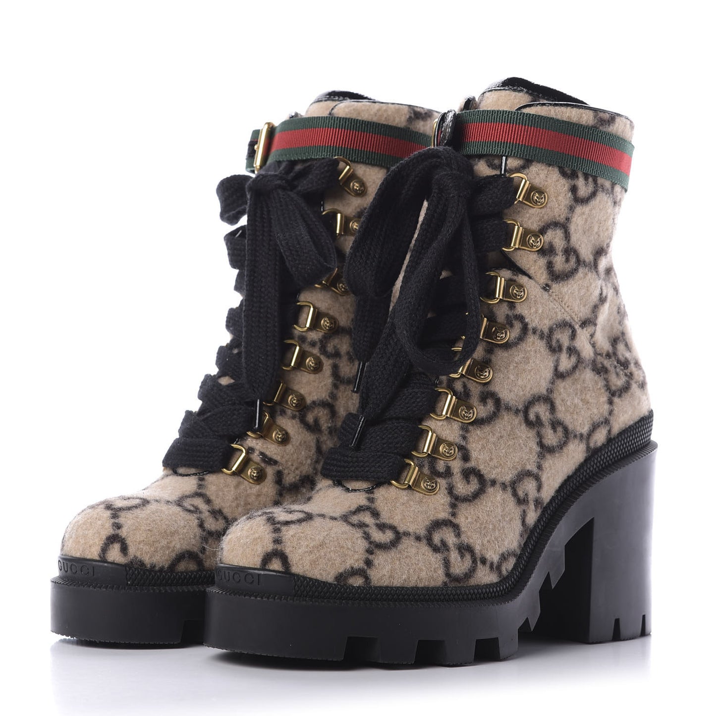 Covered Wool GG Monogram Womens Lace Up Combat Ankle Boots 36 Beige Ebony Black