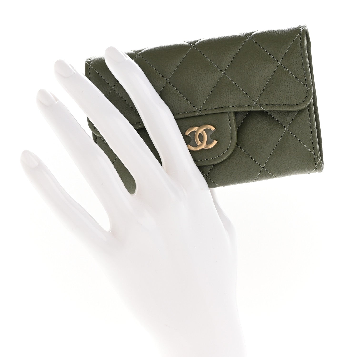 Chanel Lambskin Quilted Flap Card Holder Wallet Khaki 2 of 9