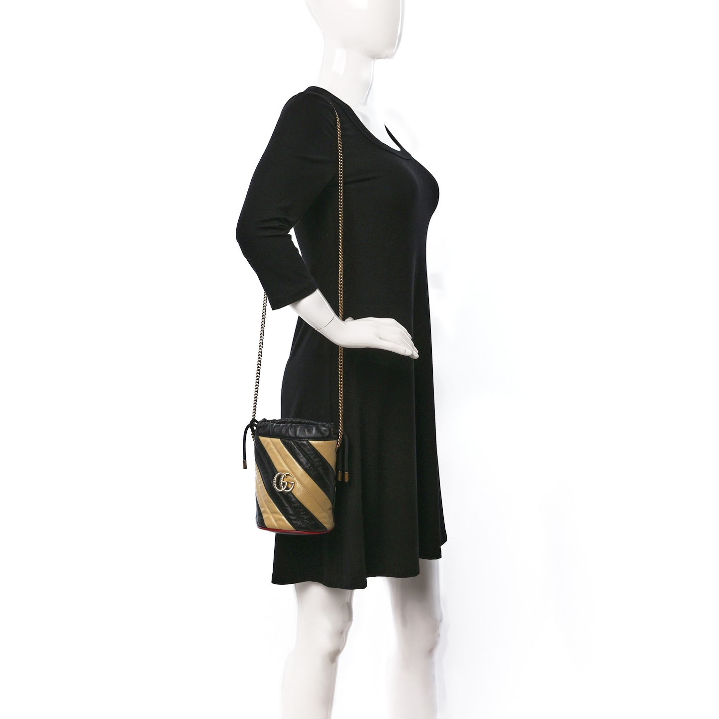 Azalea Calfskin Matelasse Diagonal Patchwork Mini Torchon GG Marmont 2.0 Bucket Bag Black Beige Romantic Cerise