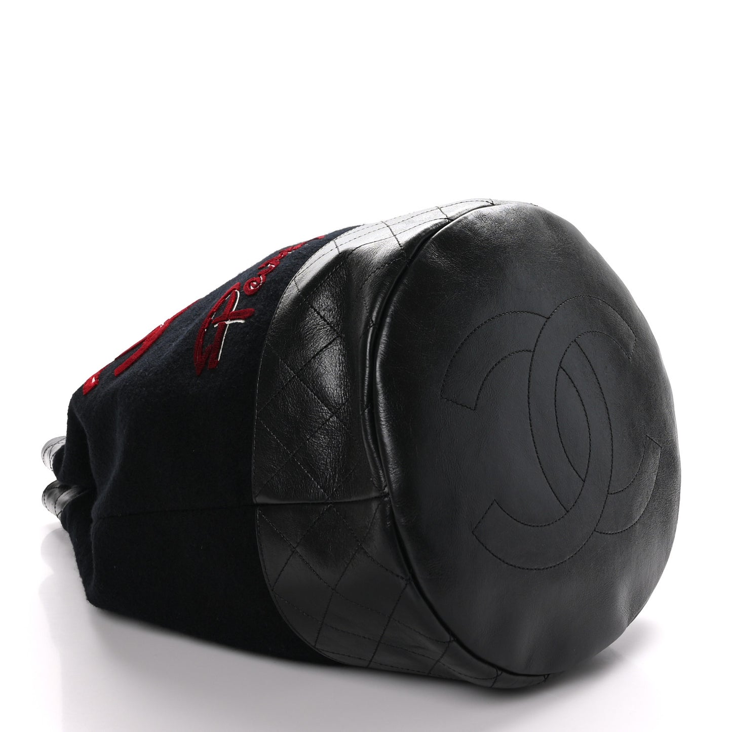 Wool Calfskin Embroidered Paris Hamburg Drawstring Backpack Black