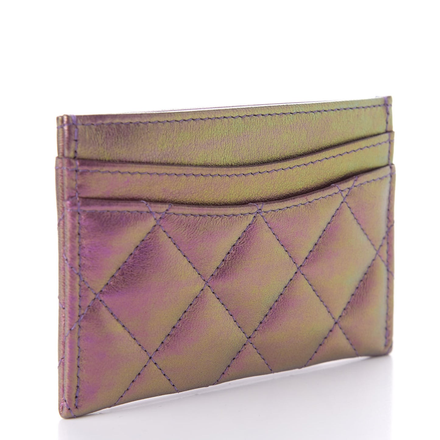 Iridescent Lambskin Quilted Card Holder Purple