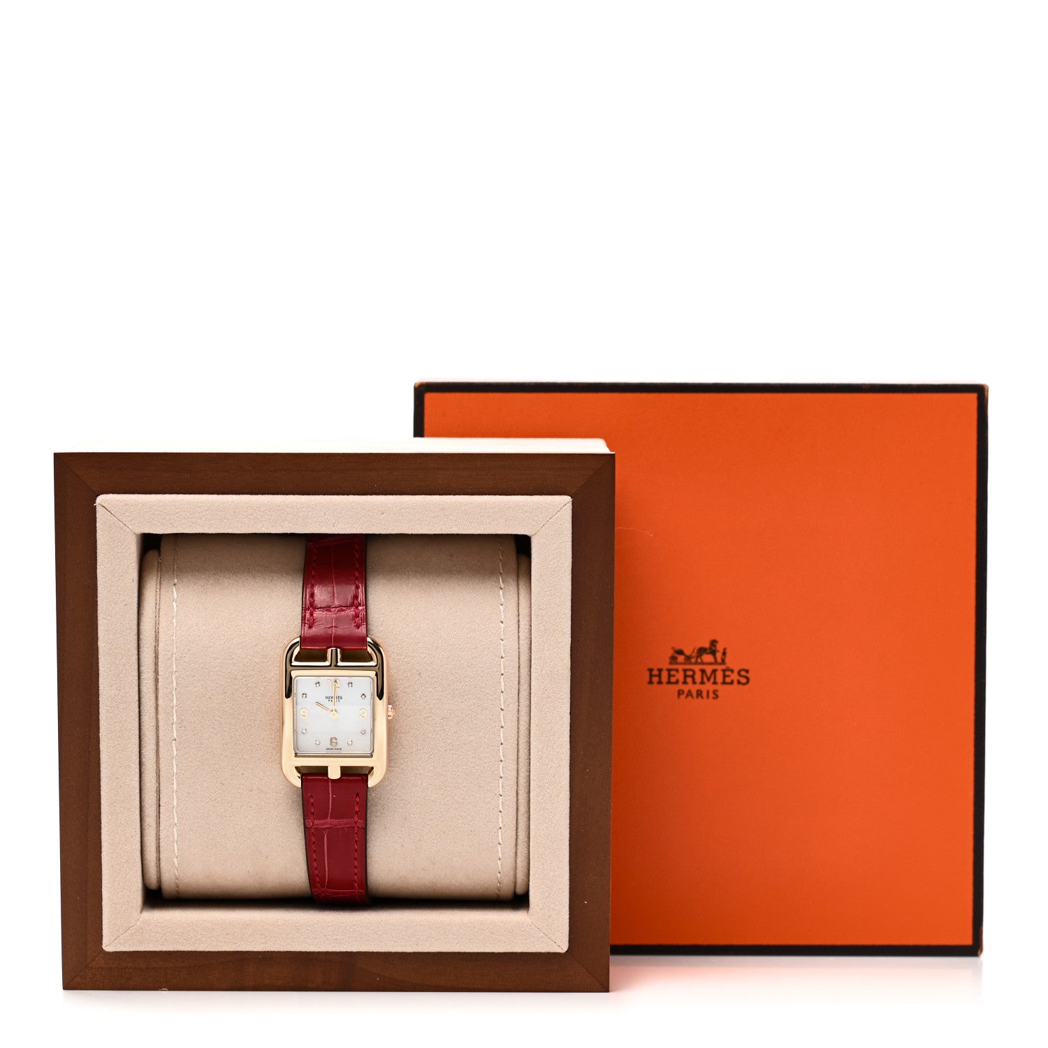 Hermes 18K Rose Gold Alligator Diamond Mother of Pearl 23mm Cape Cod Quartz Watch Braise 5 of 5