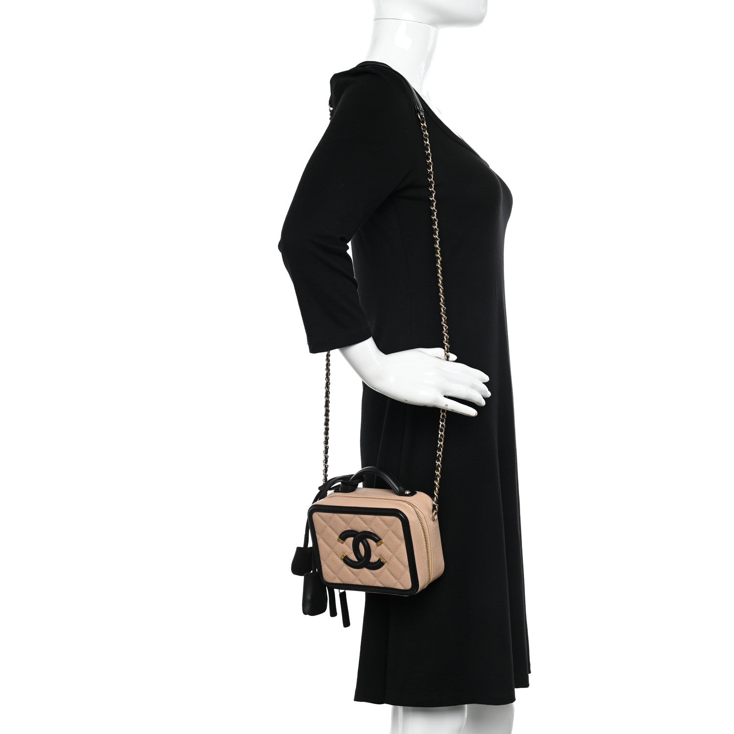 Chanel Caviar Quilted Small CC Filigree Vanity Case Beige Black 2 of 10
