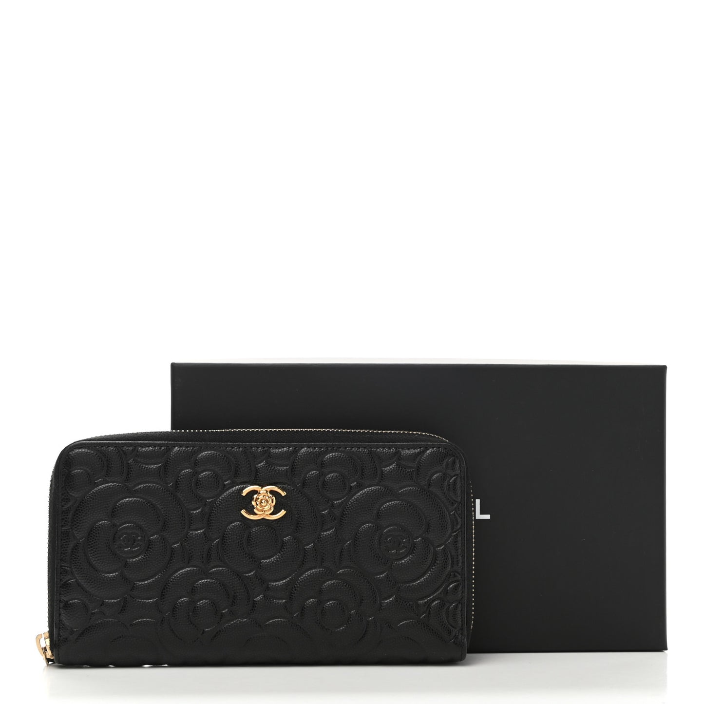 Caviar Camellia Embossed Large Zip Around Gusset Wallet Black