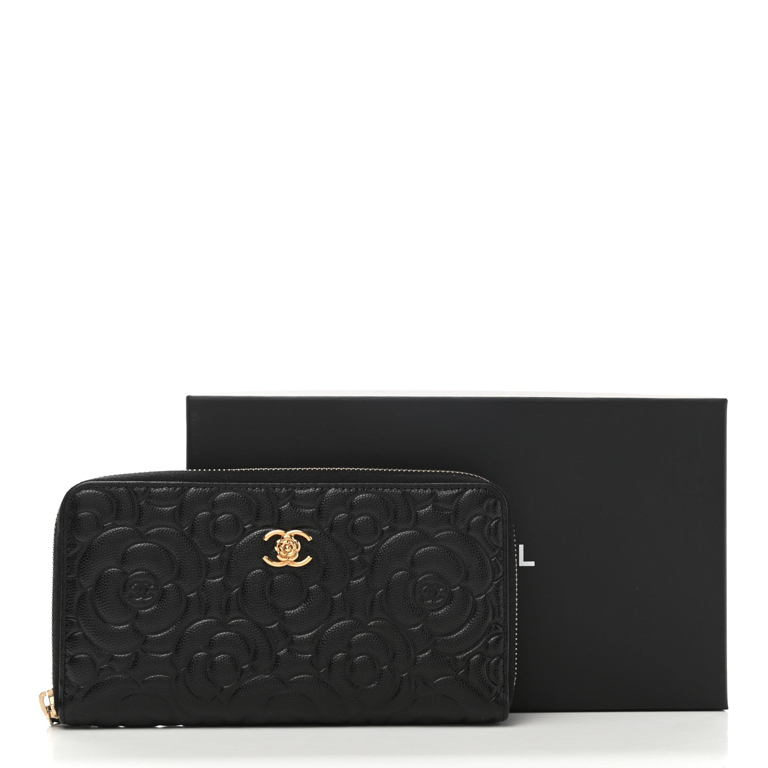 Chanel Caviar Camellia Embossed Large Zip Around Gusset Wallet Black 9 of 9