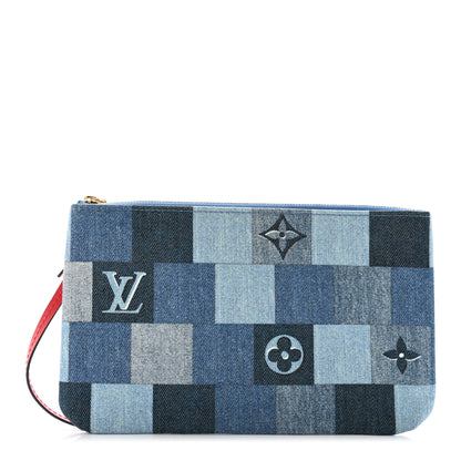 Louis Vuitton Denim Damier Monogram Patchwork Neverfull MM Pochette Blue Rouge 1 of 6