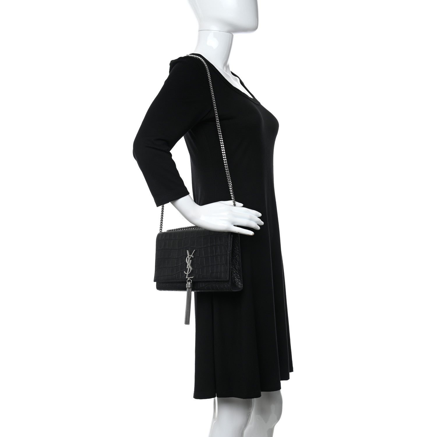 Saint Laurent Calfskin Crocodile Embossed Medium Classic Monogram Kate Tassel Satchel Black 2 of 10