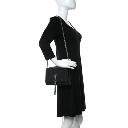 Saint Laurent Calfskin Crocodile Embossed Medium Classic Monogram Kate Tassel Satchel Black 2 of 10