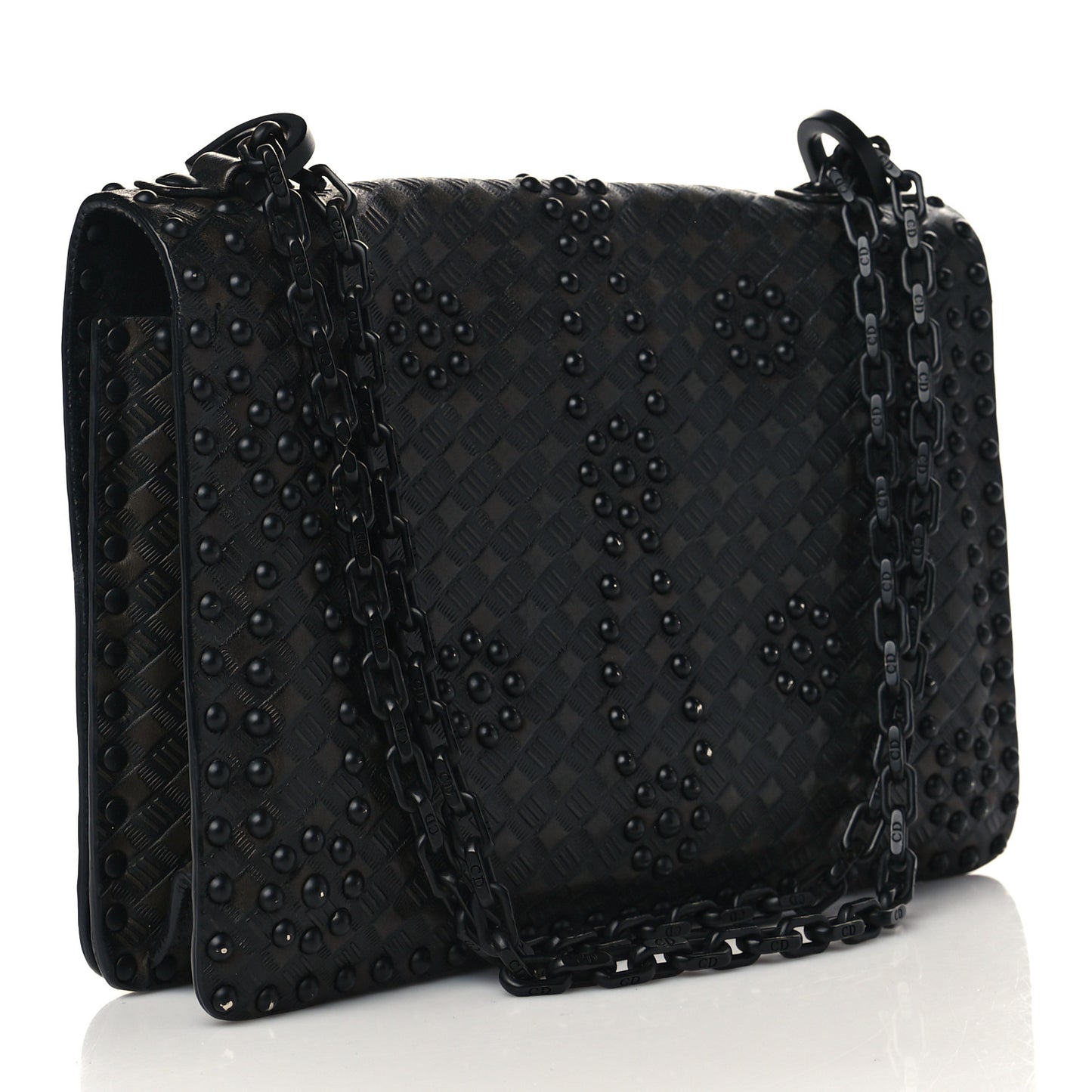 Calfskin Embossed Cannage Studded J'Adior Chain Flap Bag Black