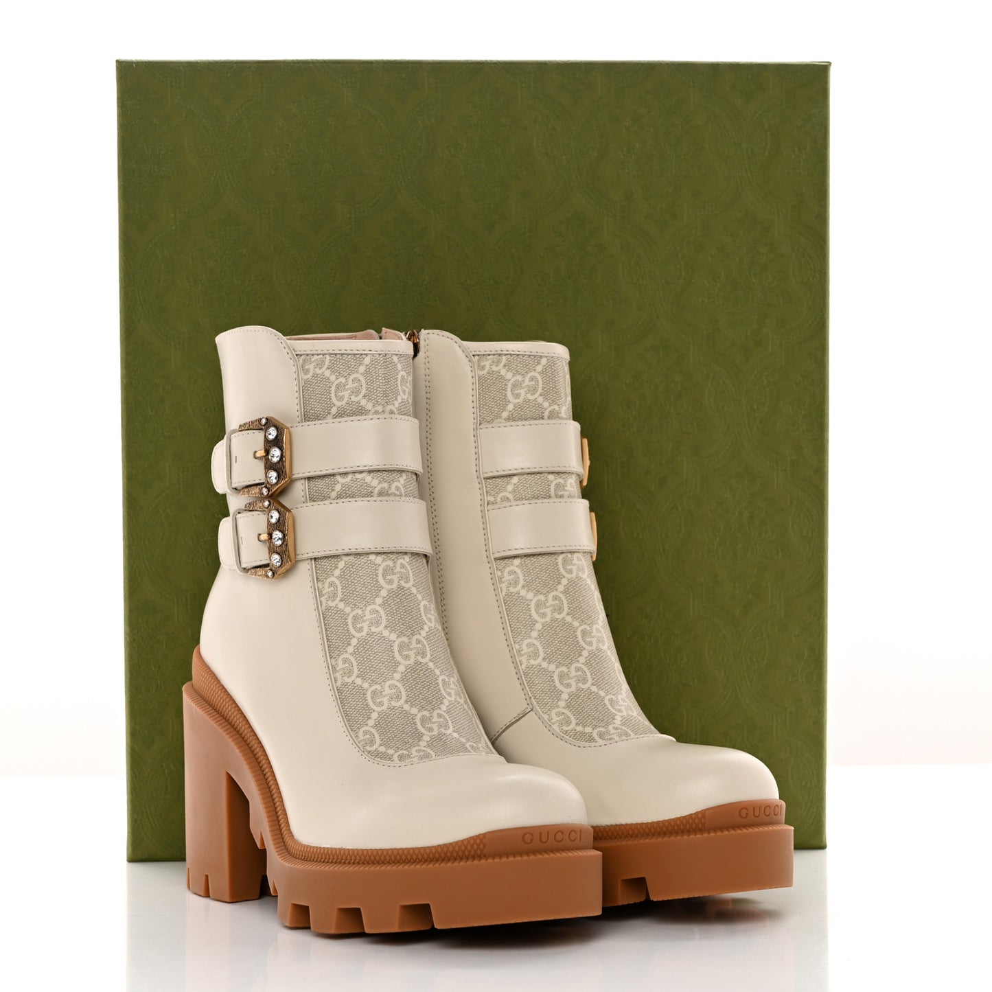 Kensington Calfskin Nappa GG Supreme Monogram Womens Double Buckle Ankle Boots 36.5 Mystic White Beige
