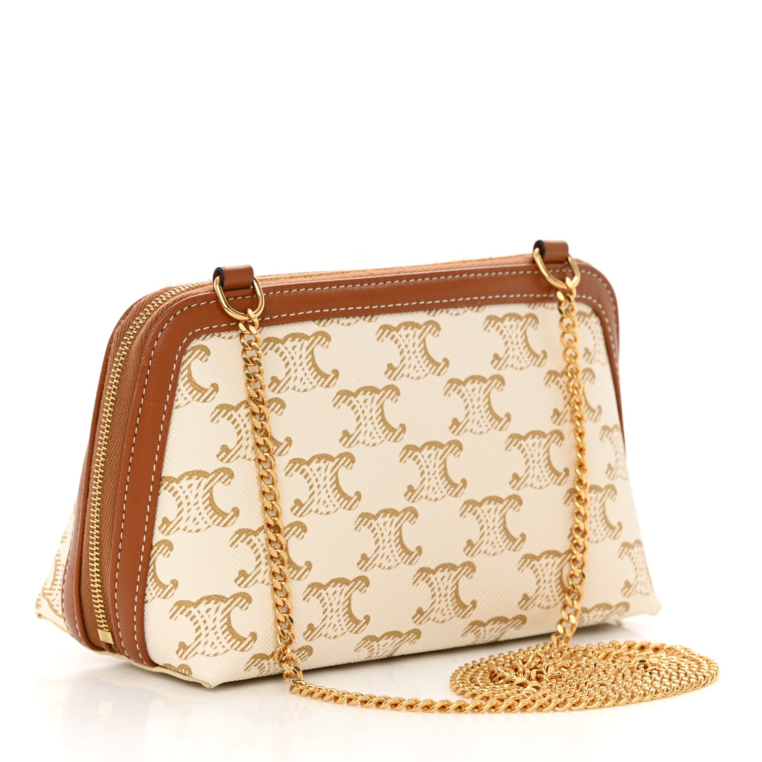 Celine Lambskin Triomphe Canvas Clutch With Chain White Tan 3 of 13