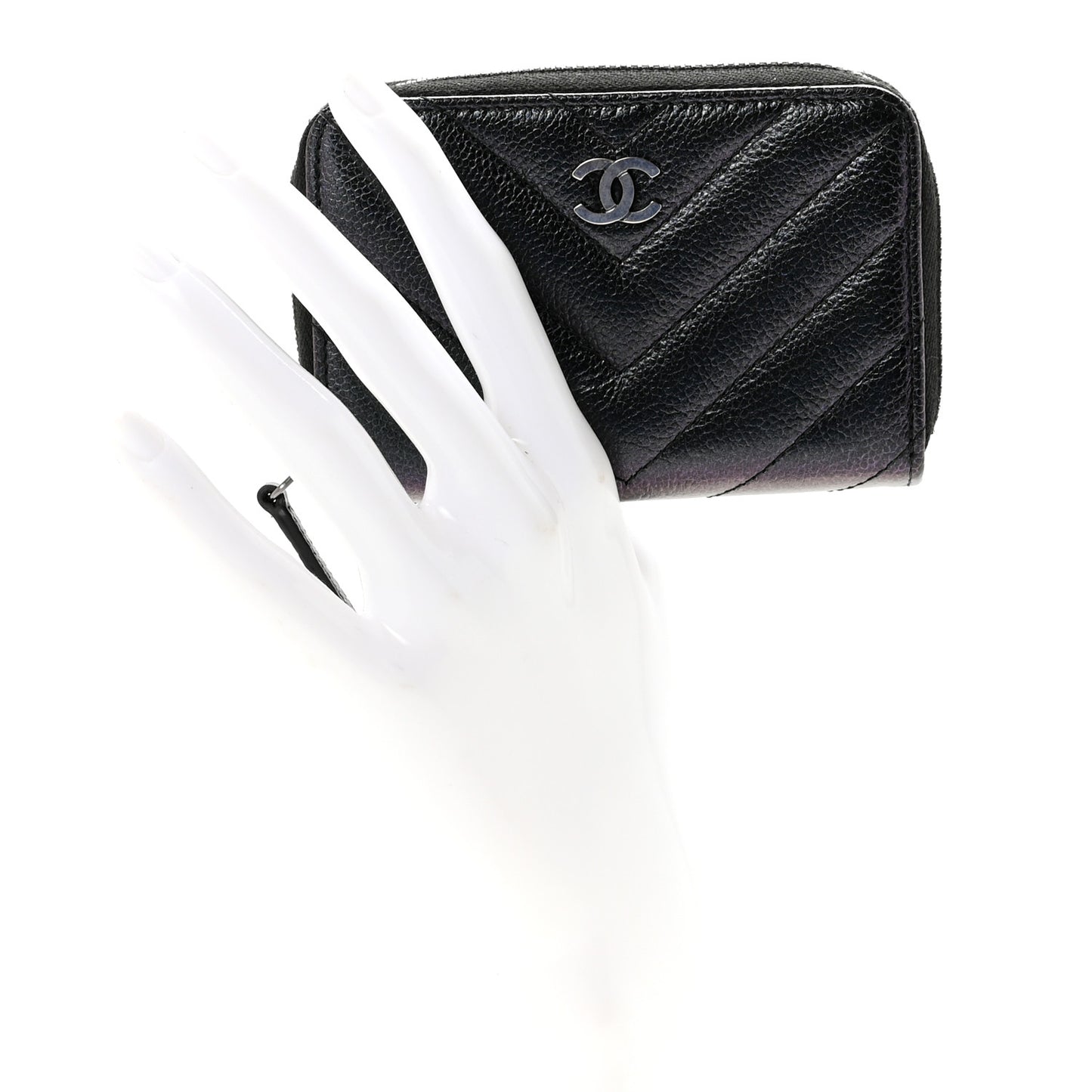 Iridescent Caviar Chevron Quilted Zip Around Coin Purse Black