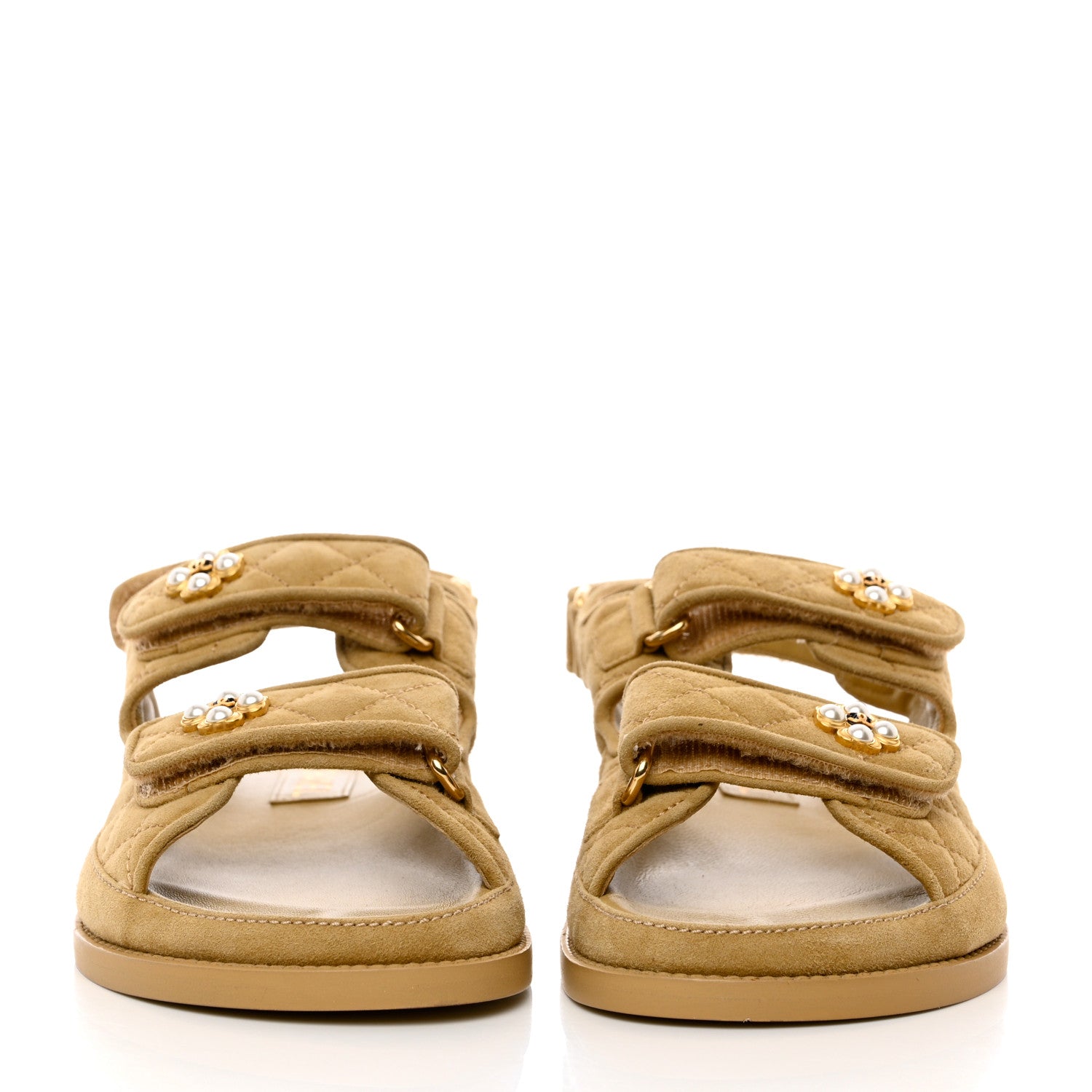 Chanel Suede Calfskin Pearl Velcro Dad Sandals 35 Beige 2 of 9