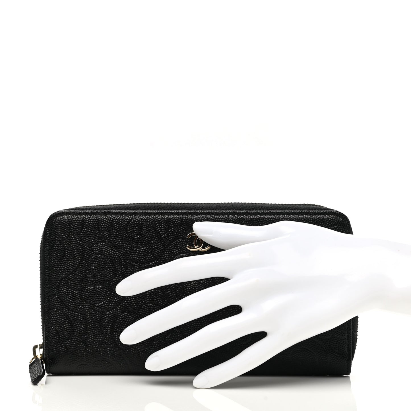 Caviar Camellia Embossed Large Zip Around Gusset Wallet Black