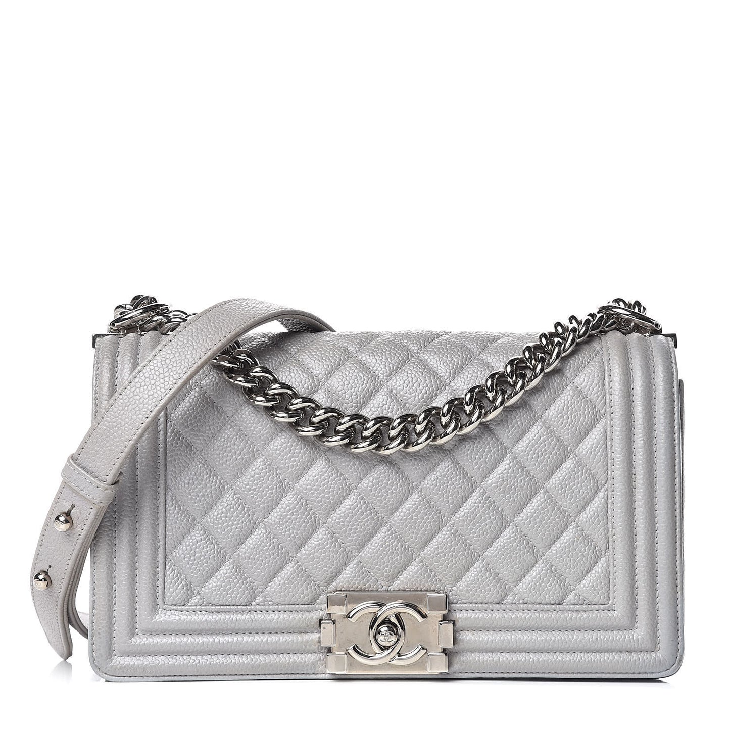 Iridescent Caviar Quilted Medium Boy Flap Light Grey