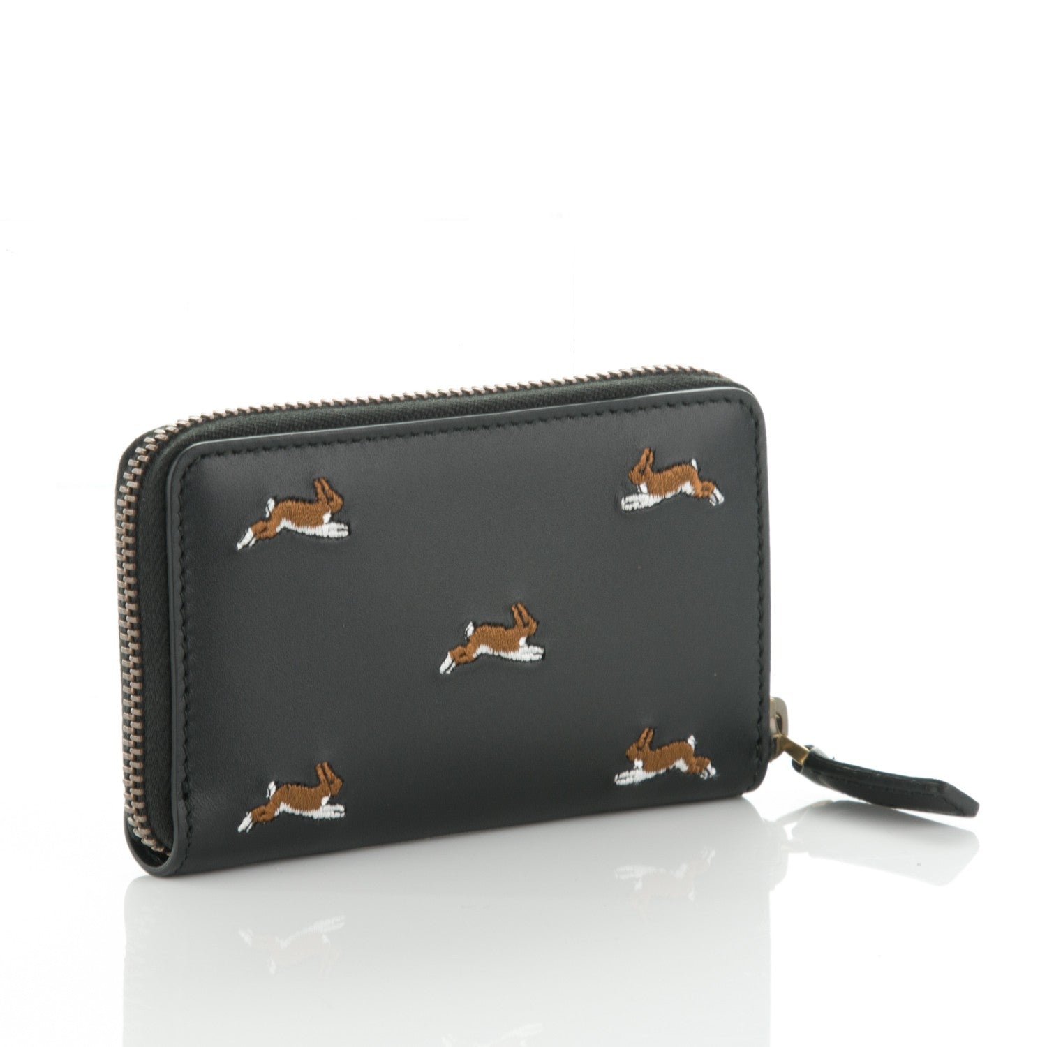 Gucci Calfskin Rabbit Embroidered Zip Around Card Case Black 3 of 6