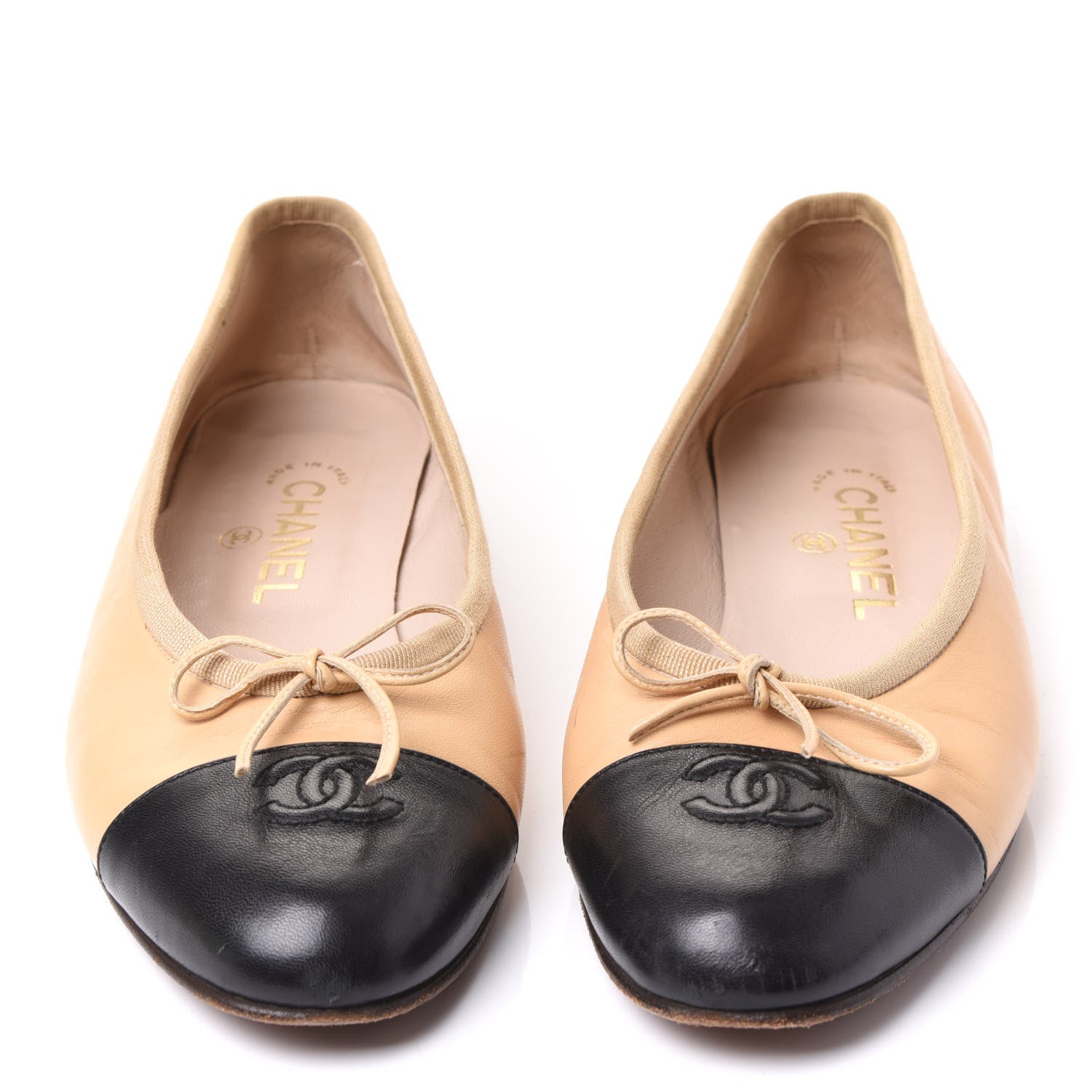 Chanel Lambskin Cap Toe CC Ballerina Flats 39 Beige Black 3 of 9