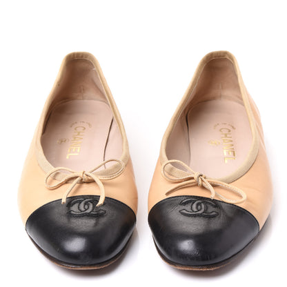 Chanel Lambskin Cap Toe CC Ballerina Flats 39 Beige Black 3 of 9