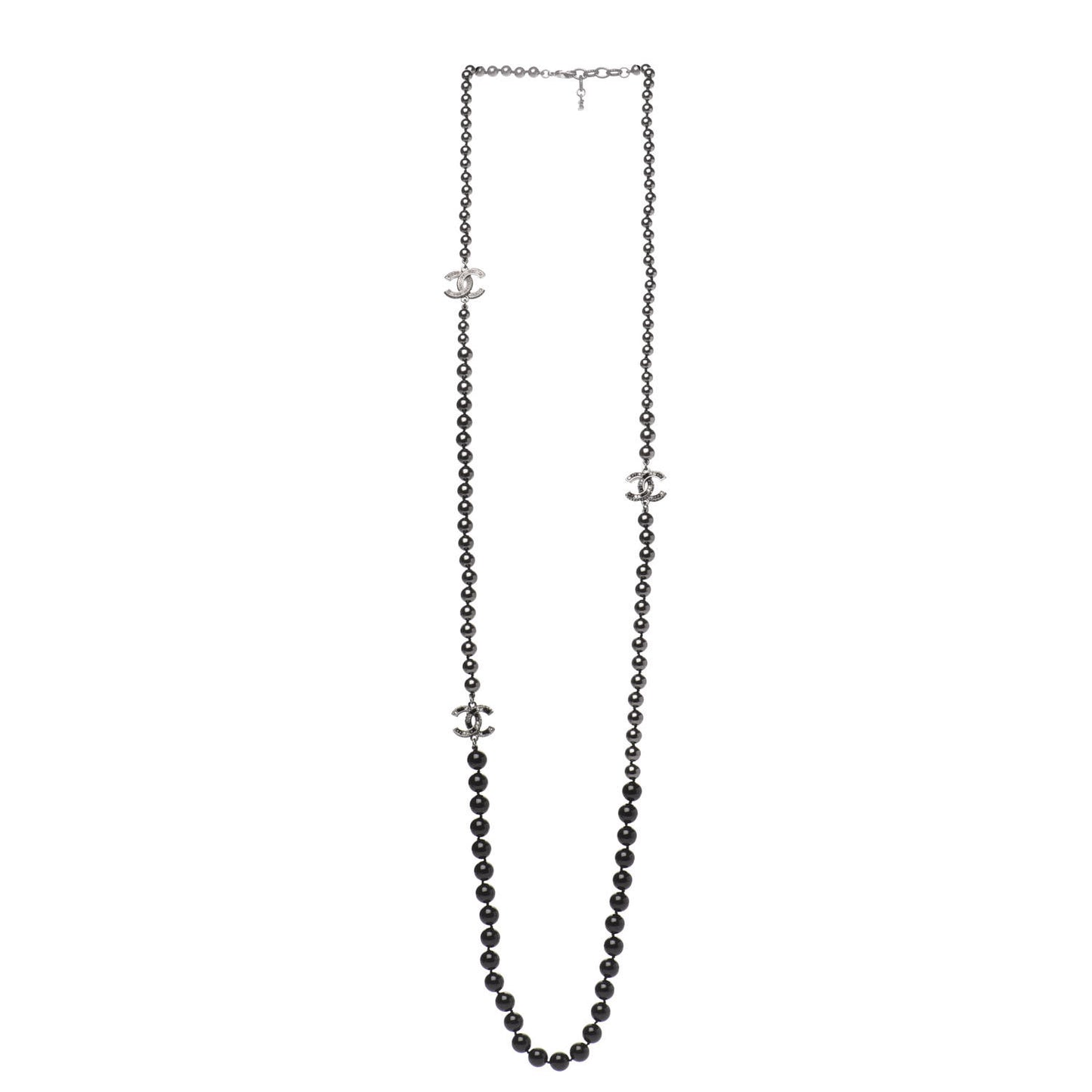 Ruthenium Crystal Baguette Pearl Beaded CC Long Necklace Black Grey